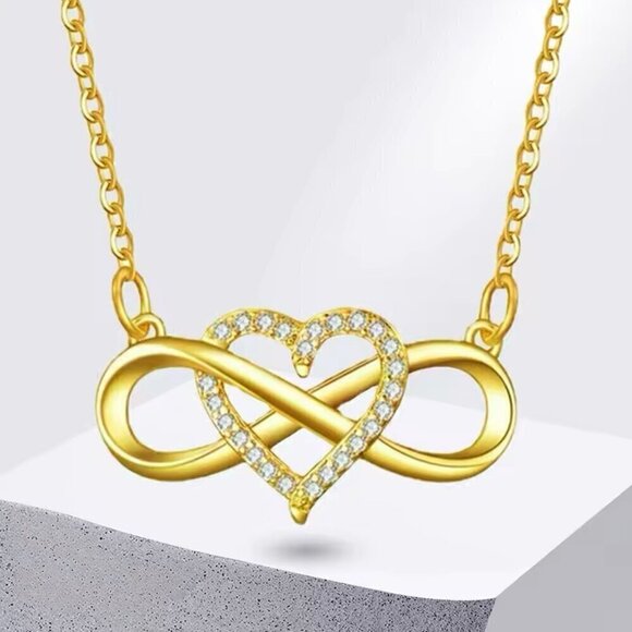 NEW Infinity Heart Pendant Necklace CZ Pave 14K Yellow Gold Plated Thin Chain - Picture 1 of 11